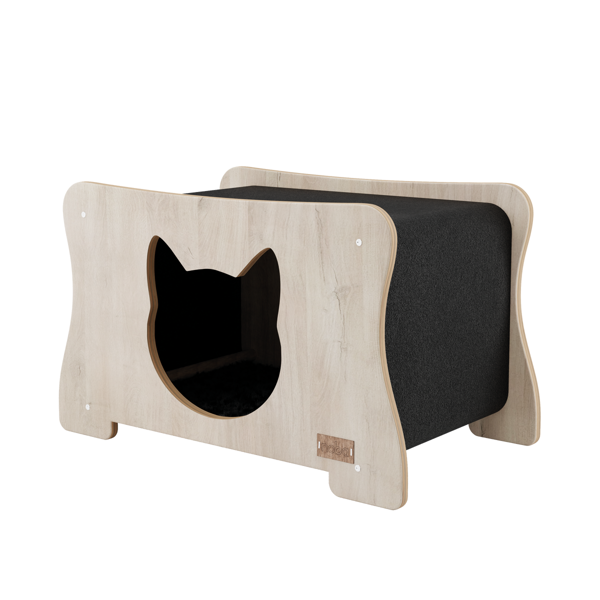 Cat-shaped wooden shelf with black interior on a white background