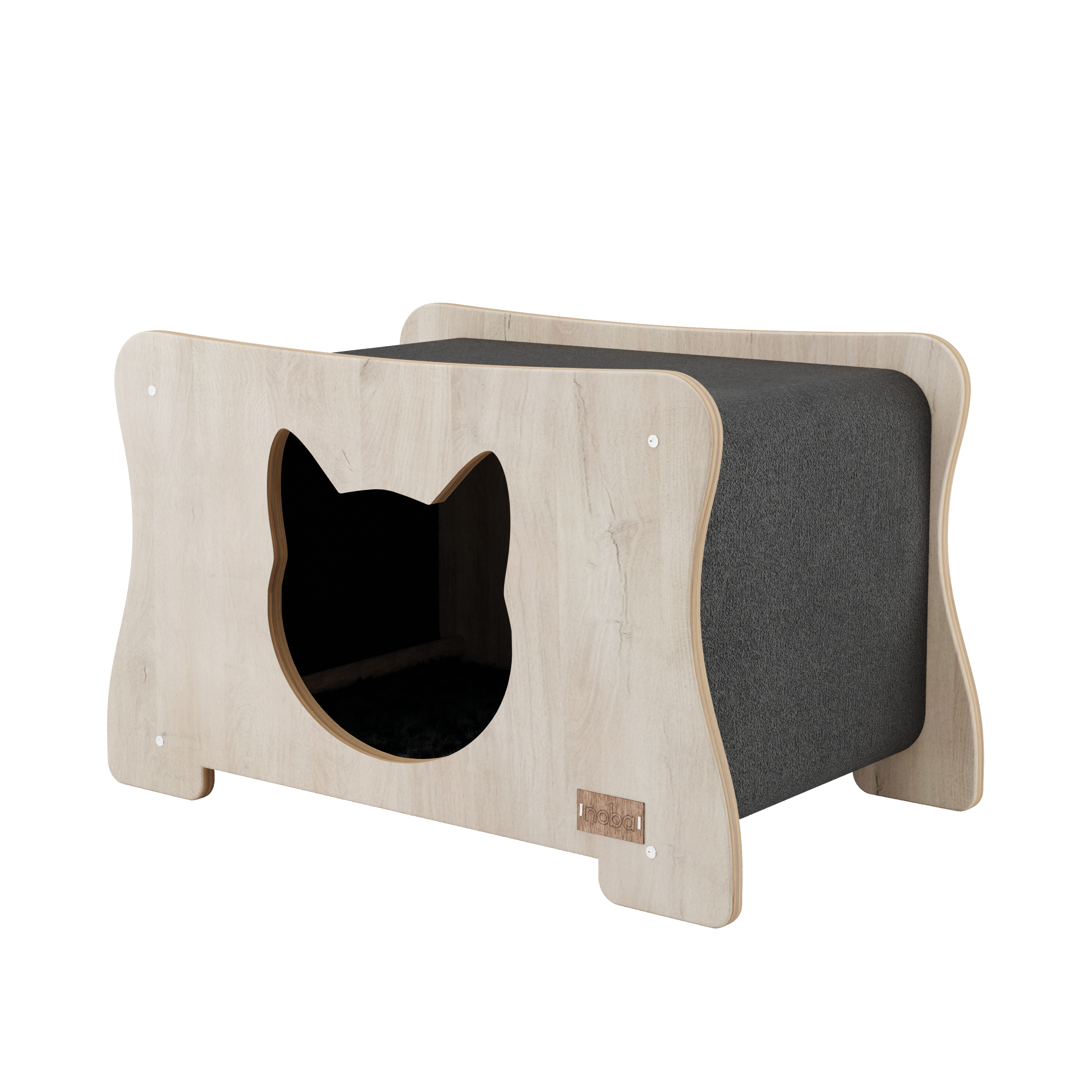 Cat-shaped wooden and gray cushion on a white background