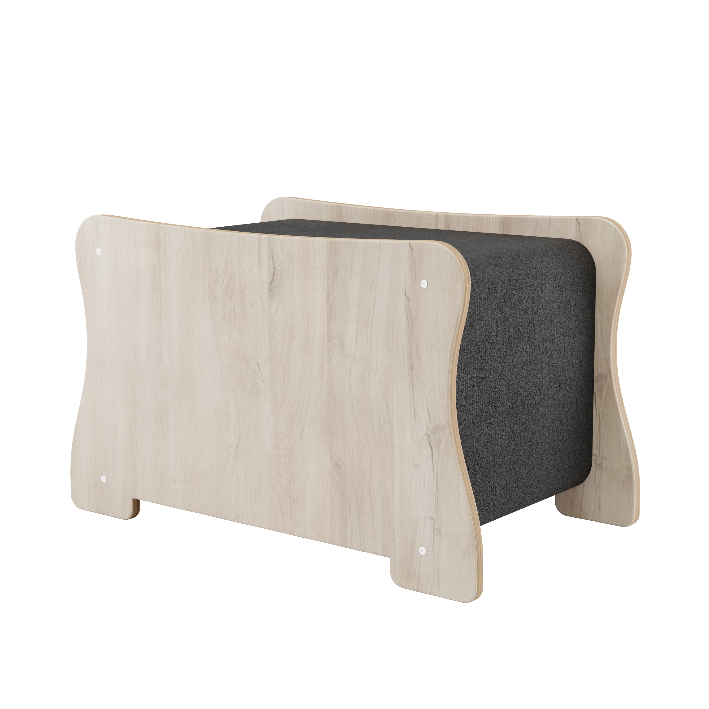 Wooden desk with a black cushion on a white background