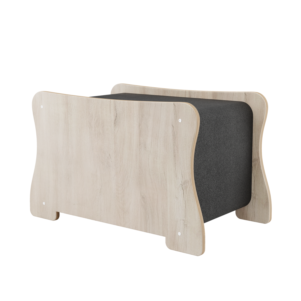 Wooden desk with a black cushion on a white background