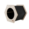 Hexagonal wooden pet bed with black interior on a white background