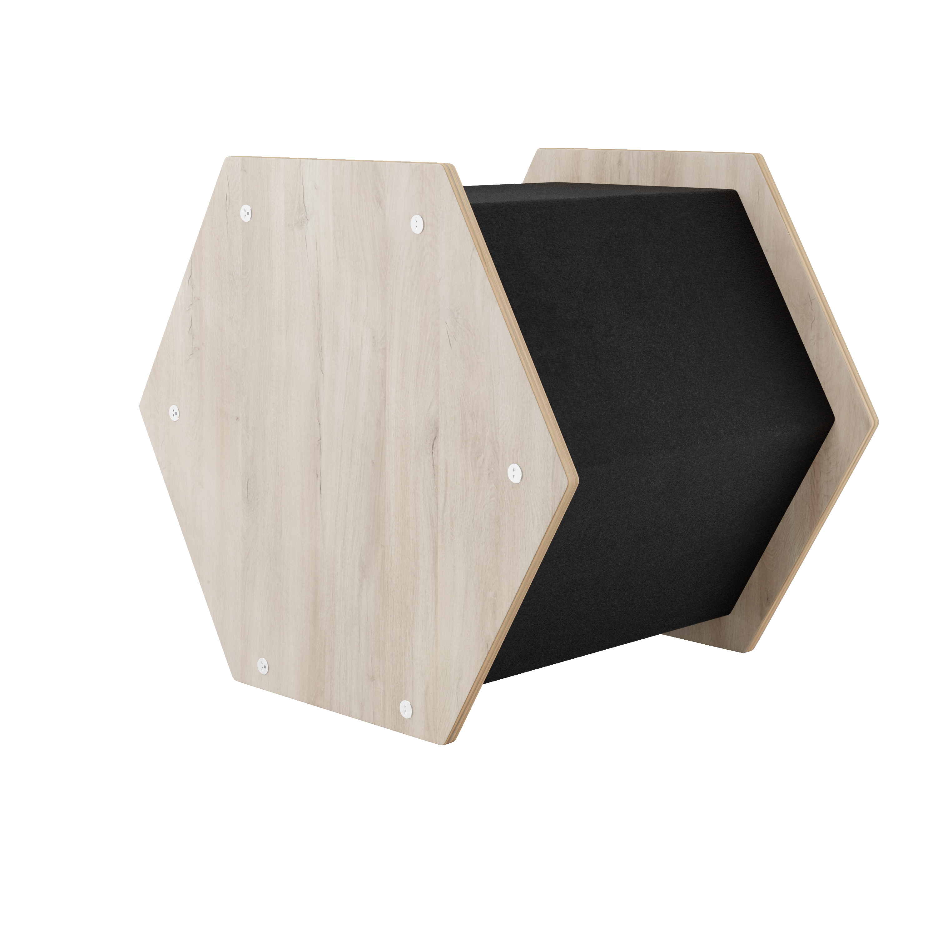 Hexagonal shelf with light wood finish on a white background