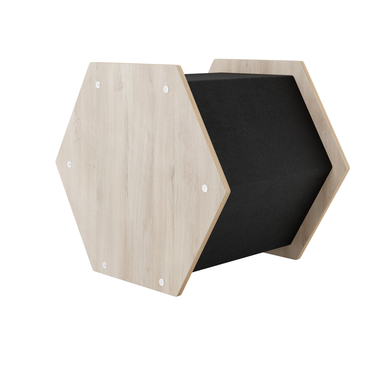Hexagonal shelf with light wood finish on a white background