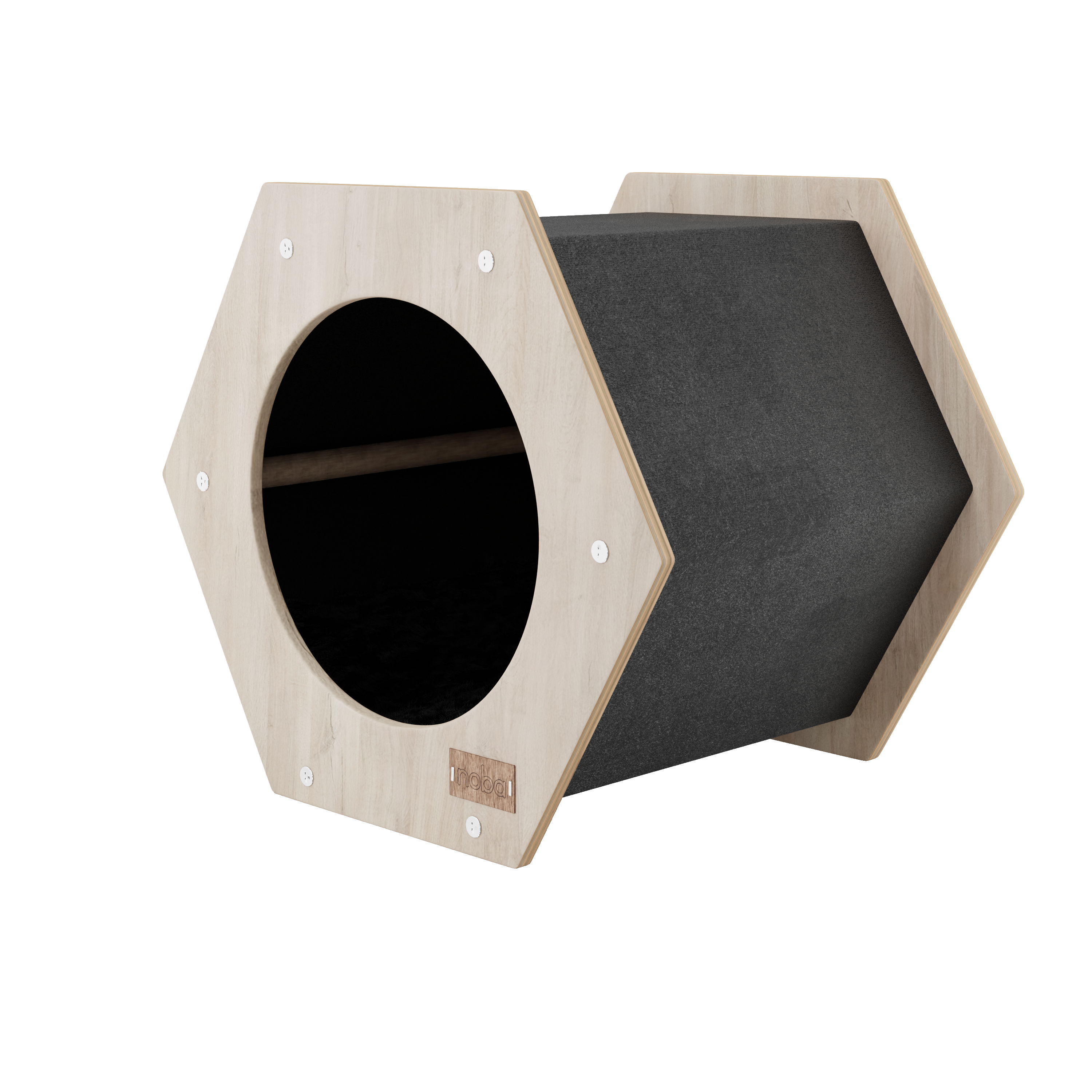 Hexagonal pet bed with black interior on a white background