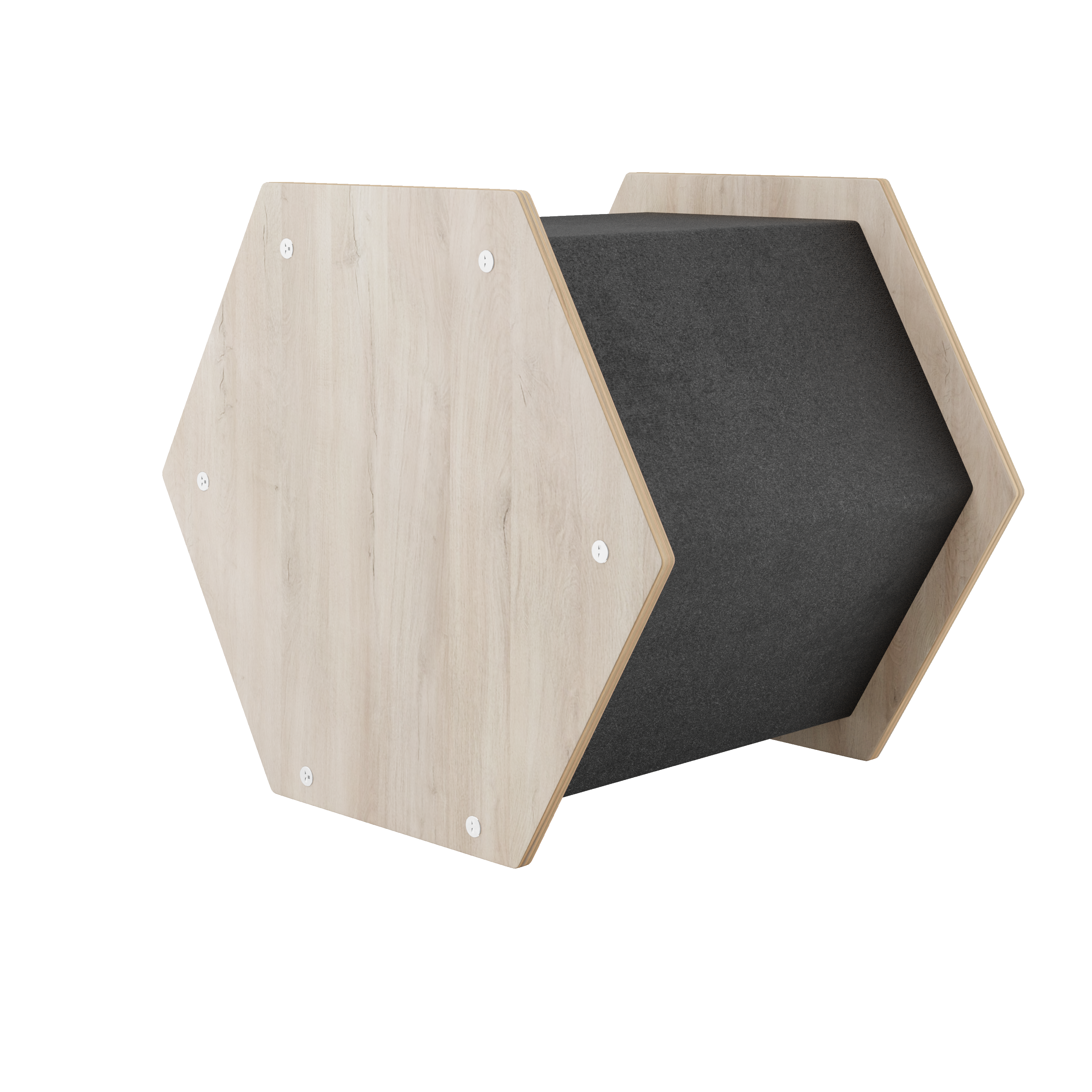 Hexagonal shelf with wooden surface and black interior on a white background