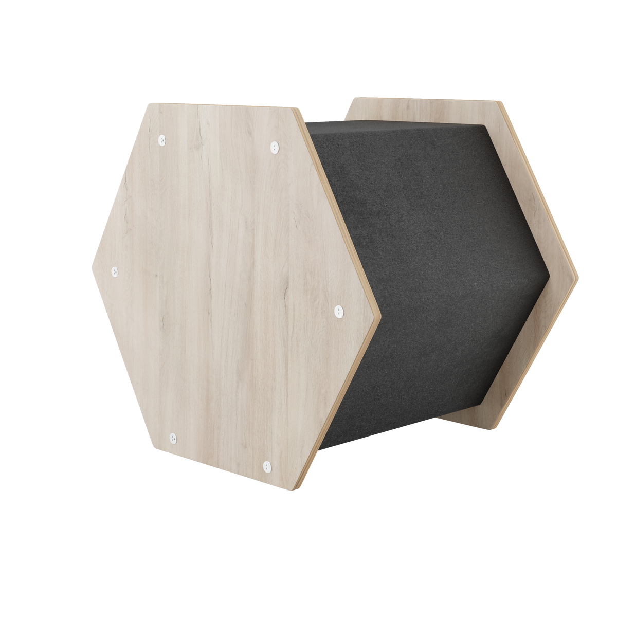 Hexagonal shelf with wooden surface and black interior on a white background