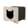Wooden cat house with black interior on a white background