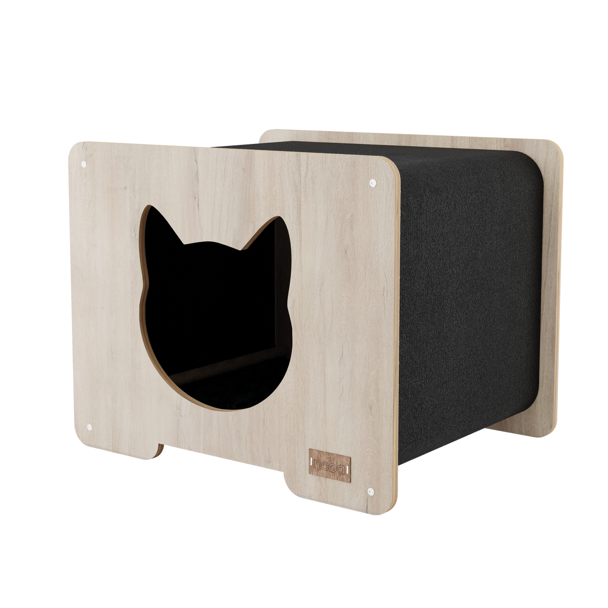 Wooden cat house with black interior on a white background