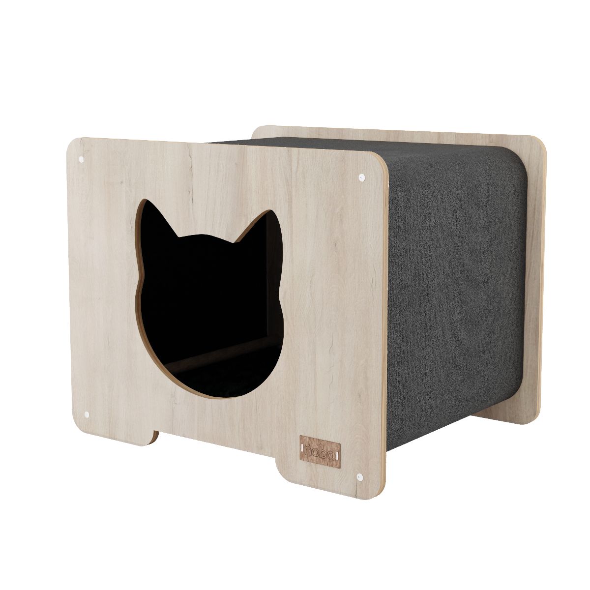 Wall-mounted cat house with a black silhouette of a cat on a white background