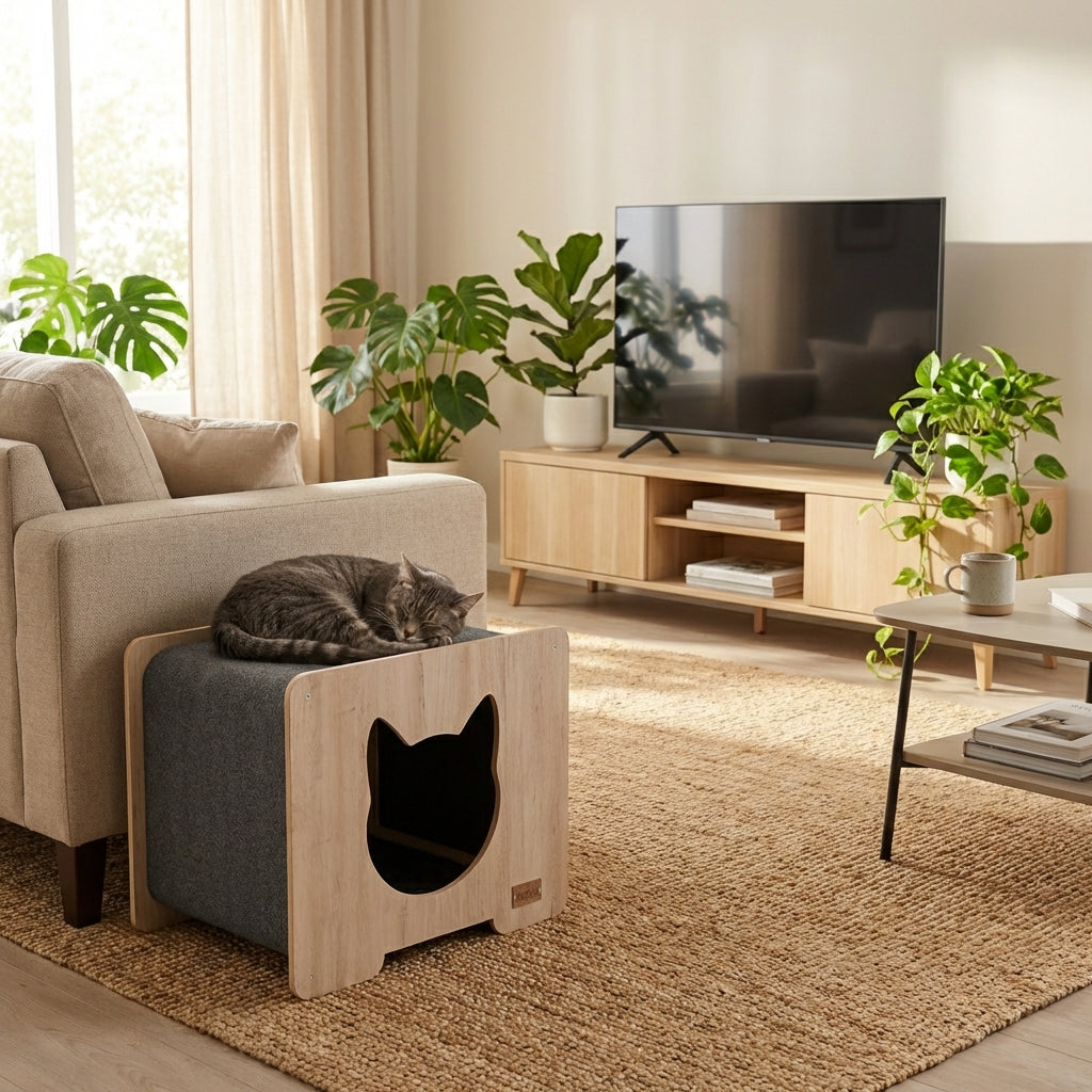 A gray and light wood cat house with a sleeping tabby cat on top, placed in a modern, sunlit living room next to a beige armchair and sofa.