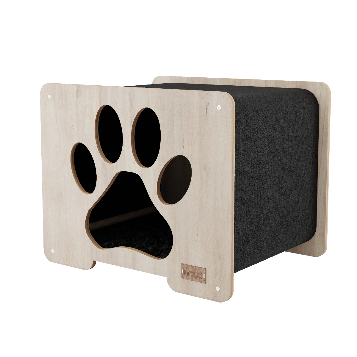 Wooden pet bed with a paw print design on a white background