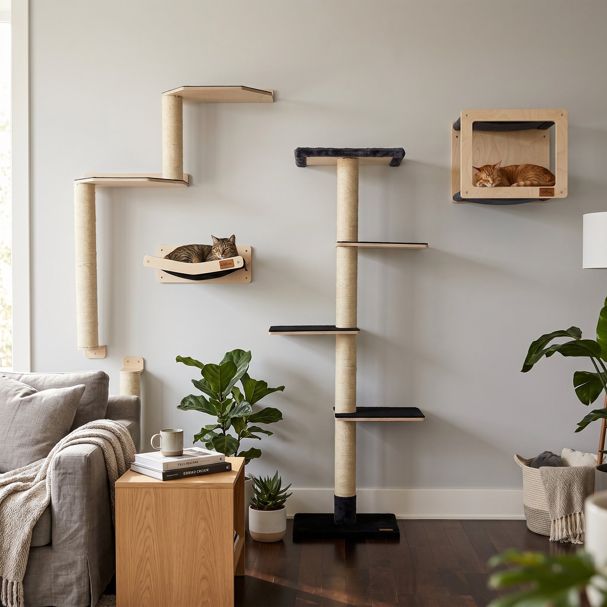 A tall cat tree with multiple platforms and a cubby shelf is shown in a styled living room setting with a gray sofa, plants, and two cats resting on and inside the cat tree.