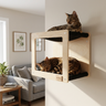 A two-tier wooden cat wall shelf mounted on a beige wall in a living room, with two cats resting on the shelves. The shelf has a light natural wood frame and black fabric platforms.