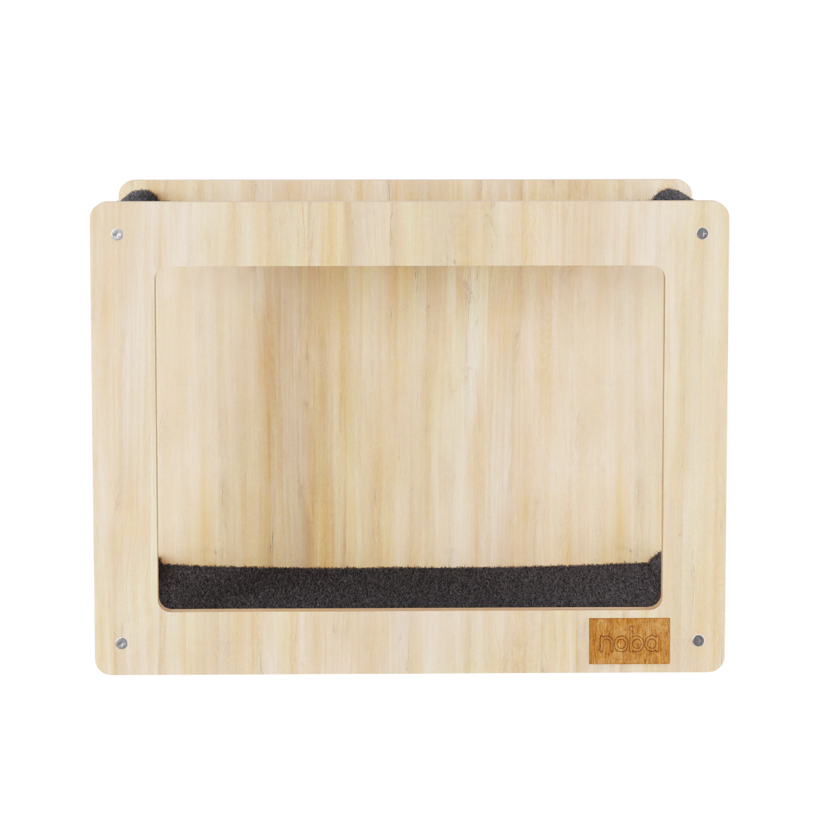 Wooden pet bed with a black mat on a white background