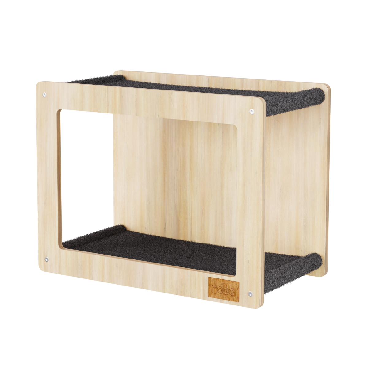 Wooden pet shelf with black cushion on a white background