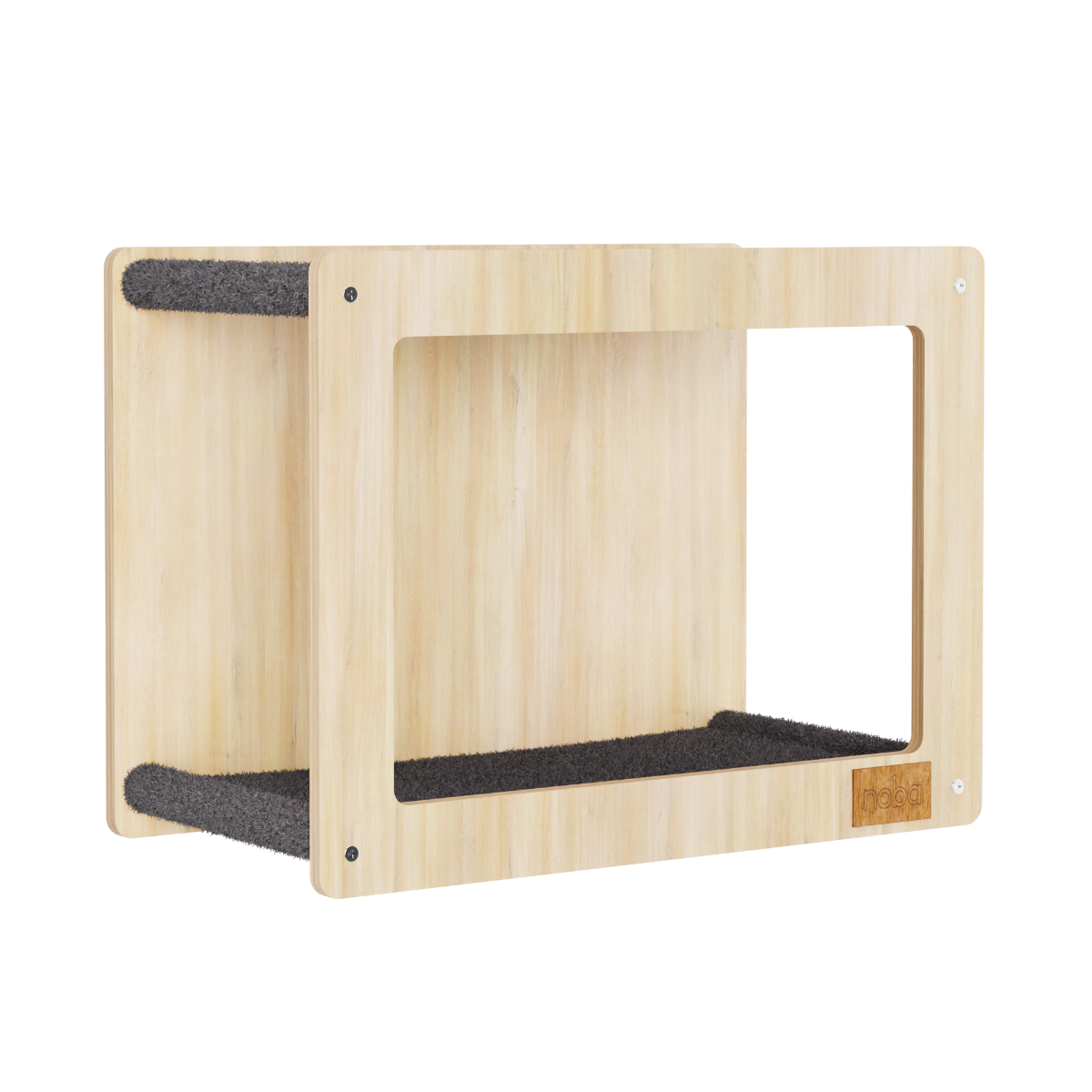 Wooden pet shelf with a platform on a white background