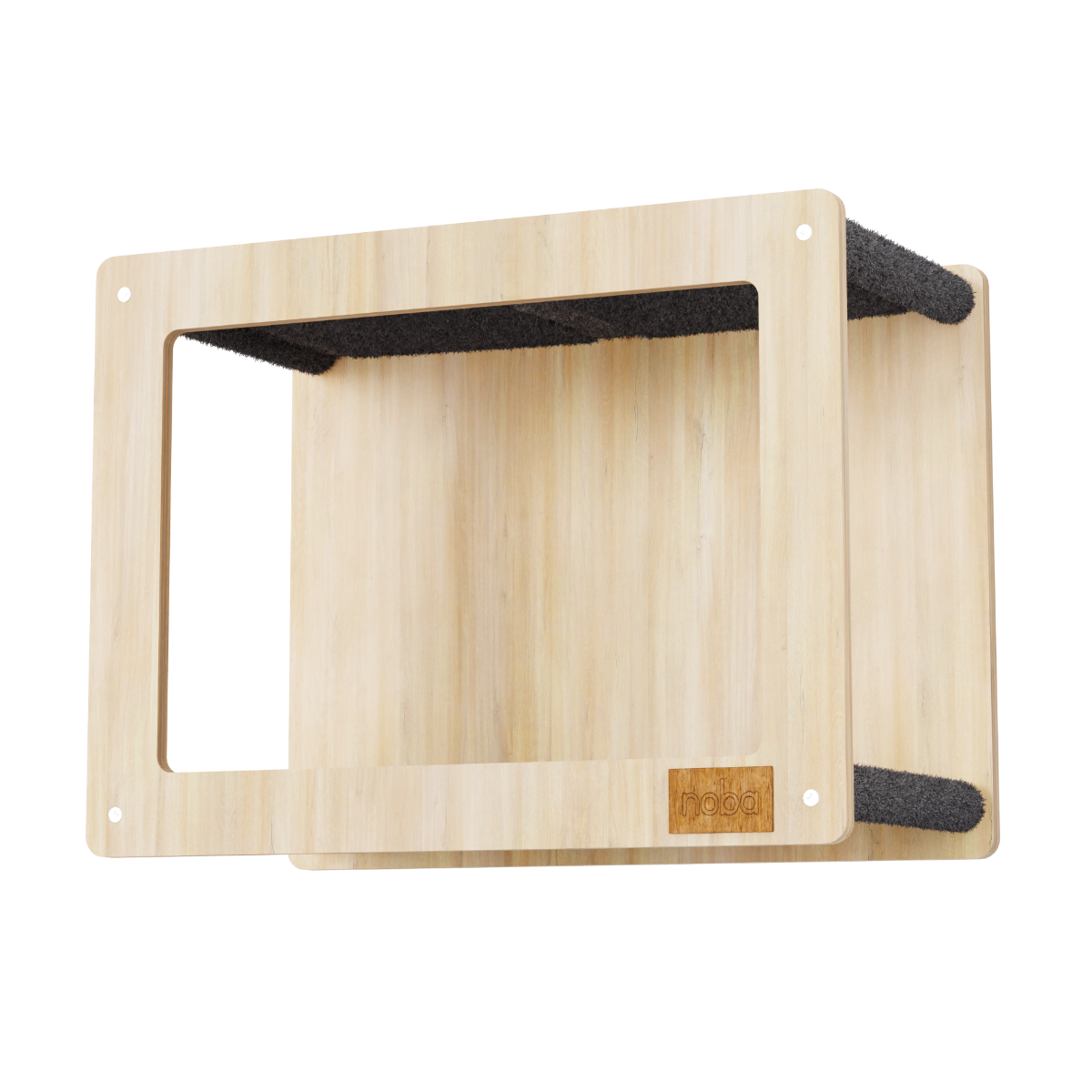 Wooden wall shelf with black accents on a white background