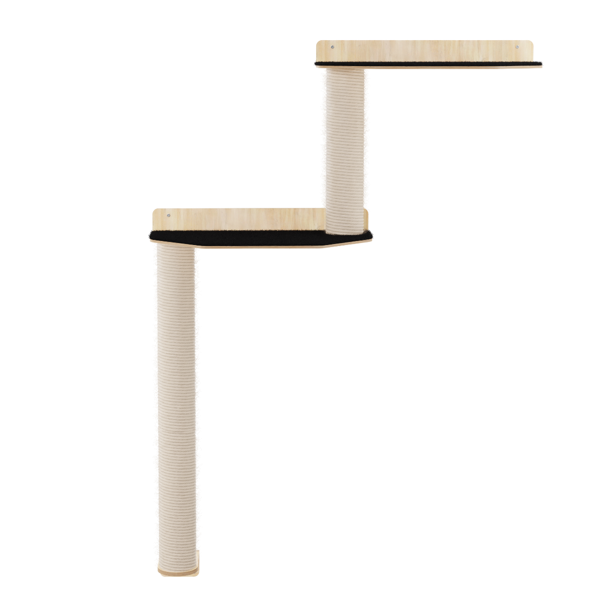 Cat tree with wooden platform and sisal-covered post on a white background