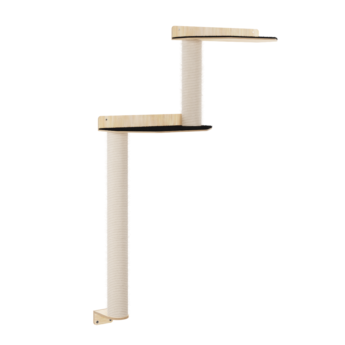 A wall-mounted cat tree with two levels of platform perches in light natural wood and a tall central scratching post wrapped in off-white sisal, shown against a plain white background.