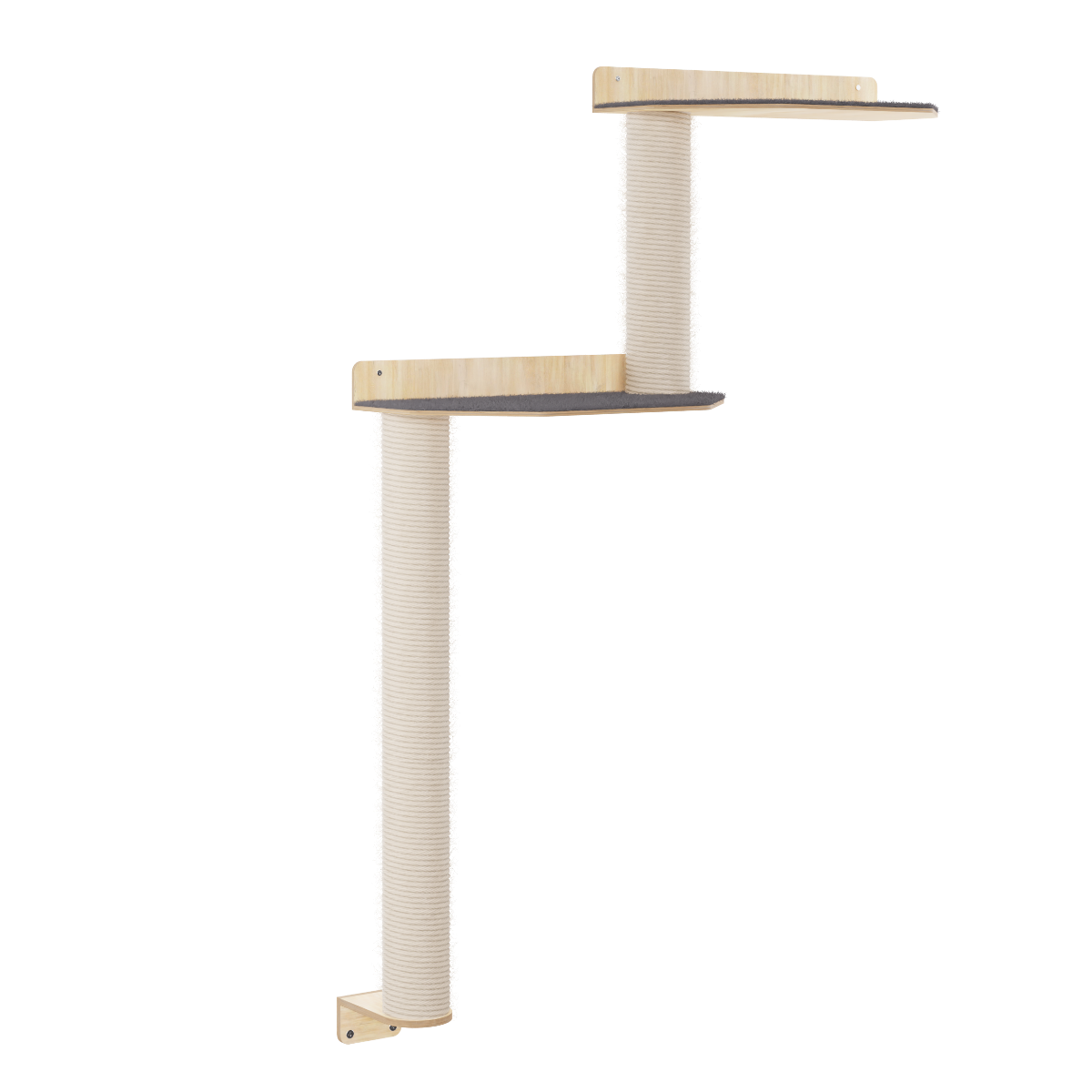 A wall-mounted cat tree with two levels of platforms, wrapped in beige sisal rope, and light natural wood edges, shown against a solid white background.