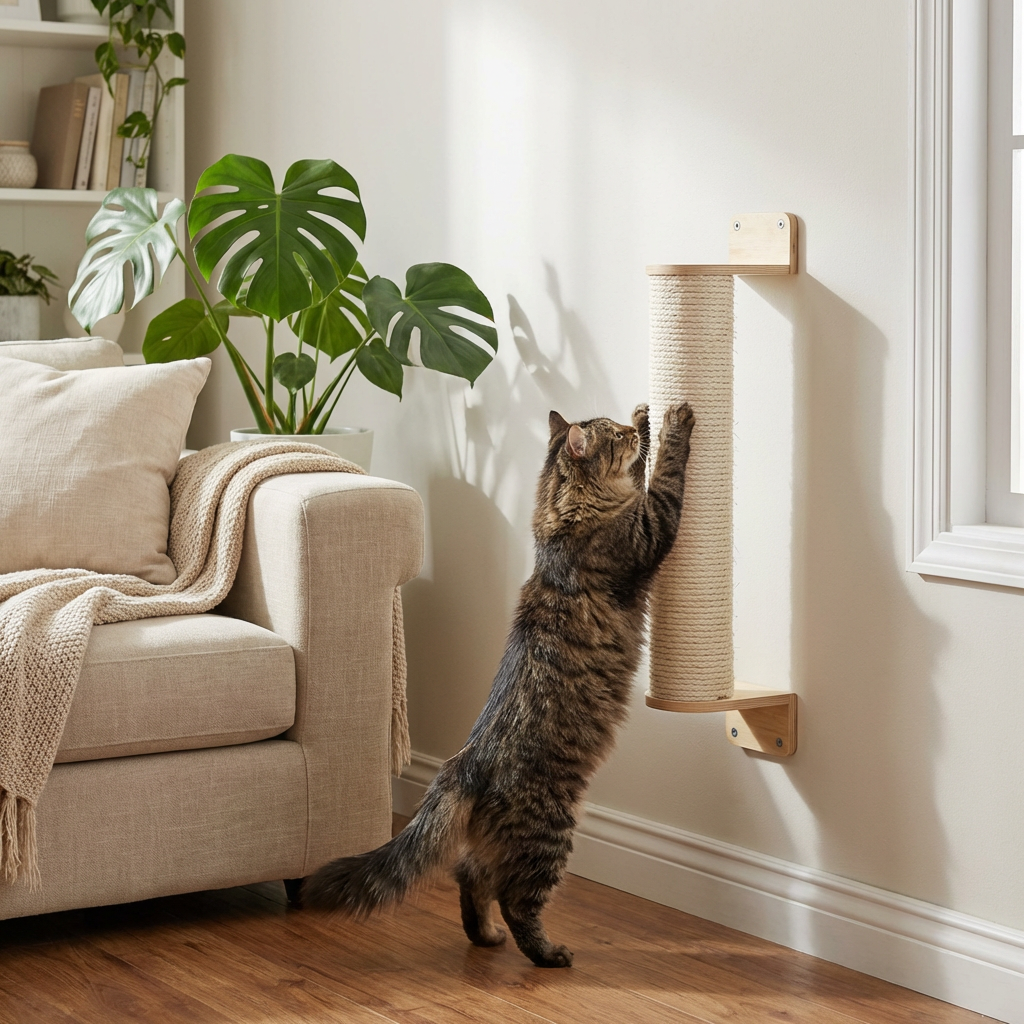 A brown tabby cat stands on its hind legs and scratches a tall, wall-mounted sisal rope cat tree in a bright living room with a beige armchair, potted plant, and wood floor.
