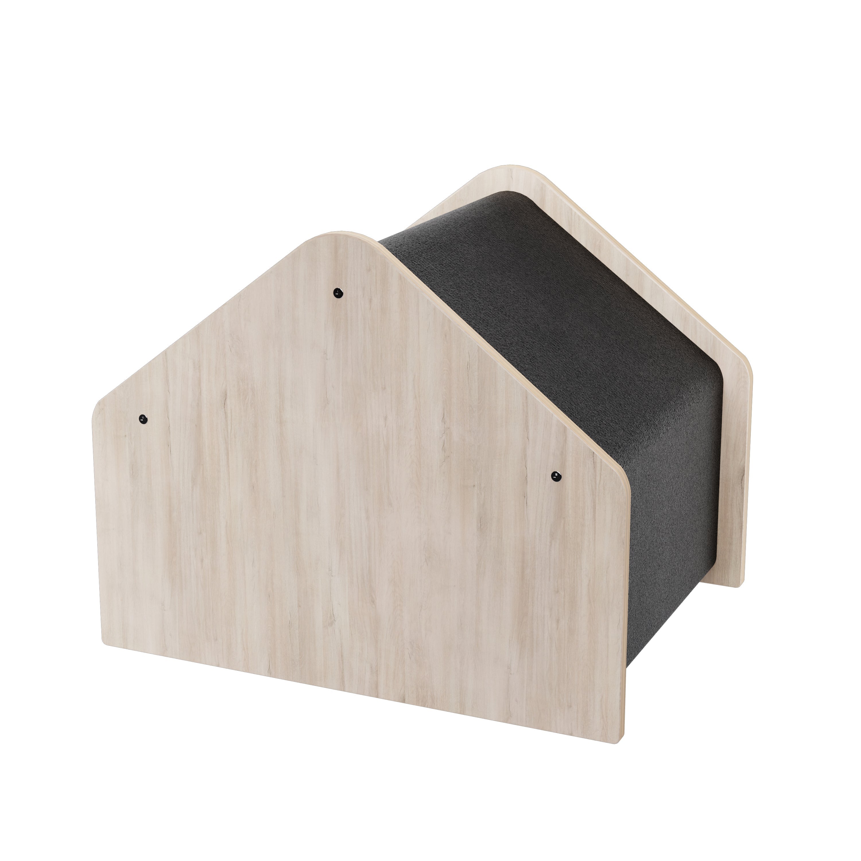 Wooden pet ramp with a black cushion on a white background