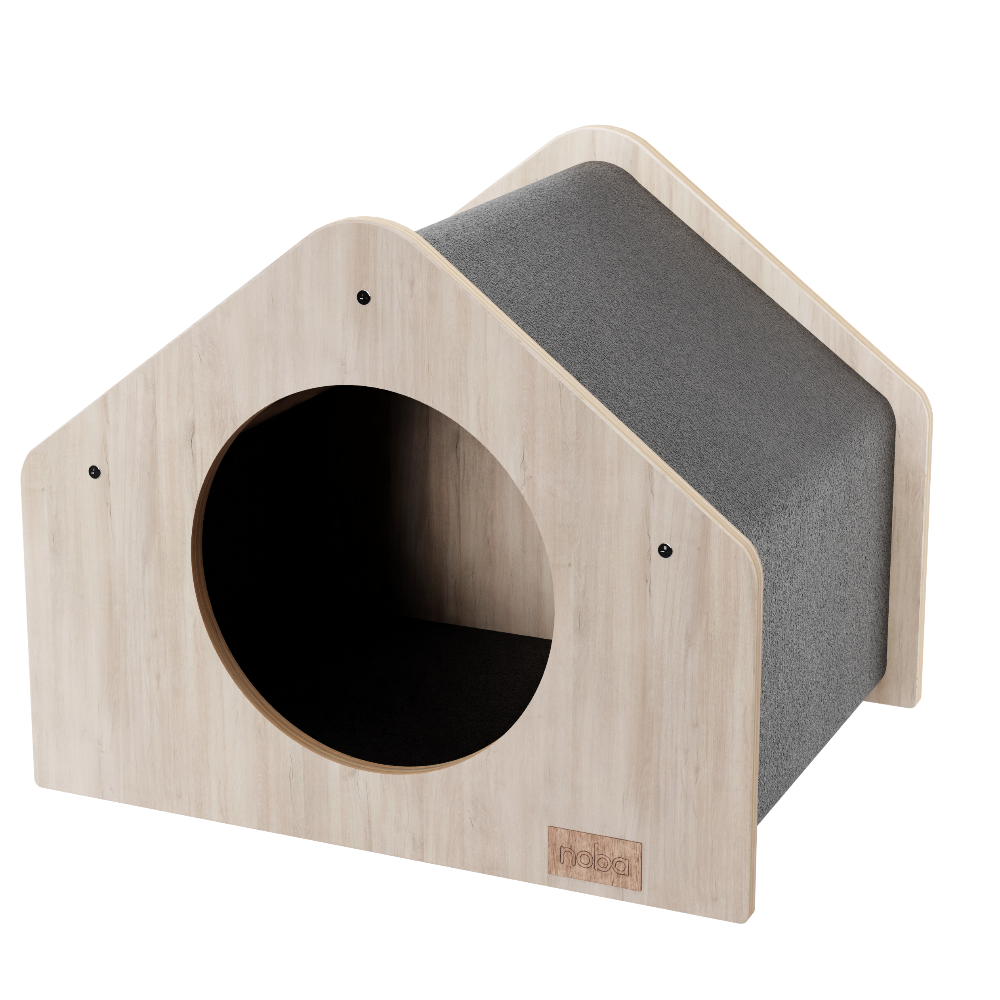 Wooden pet house with a gray cushion on a white background