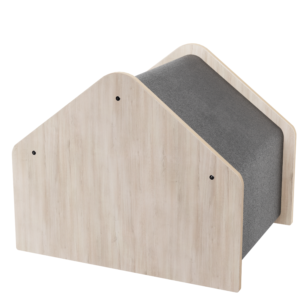 Wooden pet house with a gray cushion on a white background