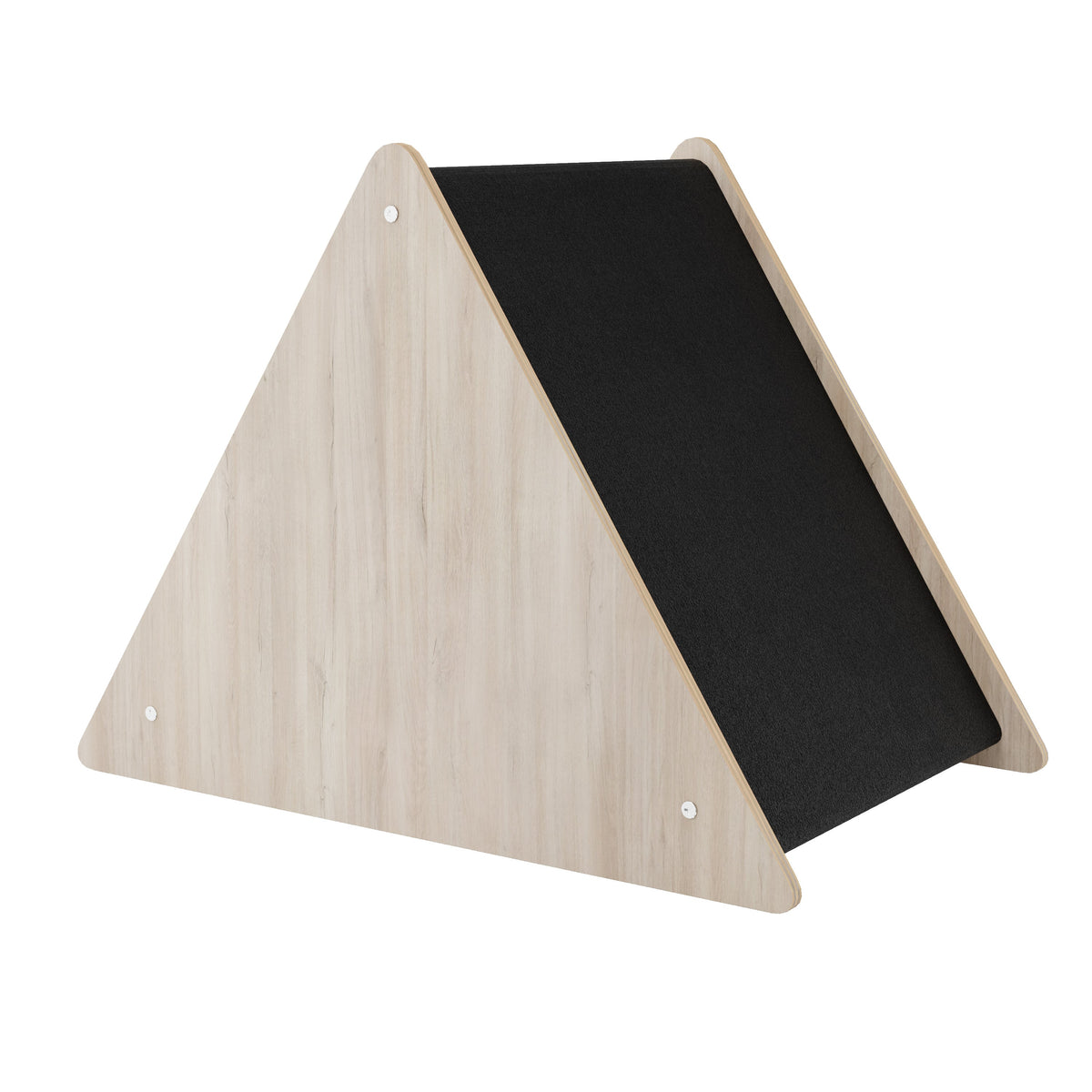 Triangular wooden step with black surface on a white background