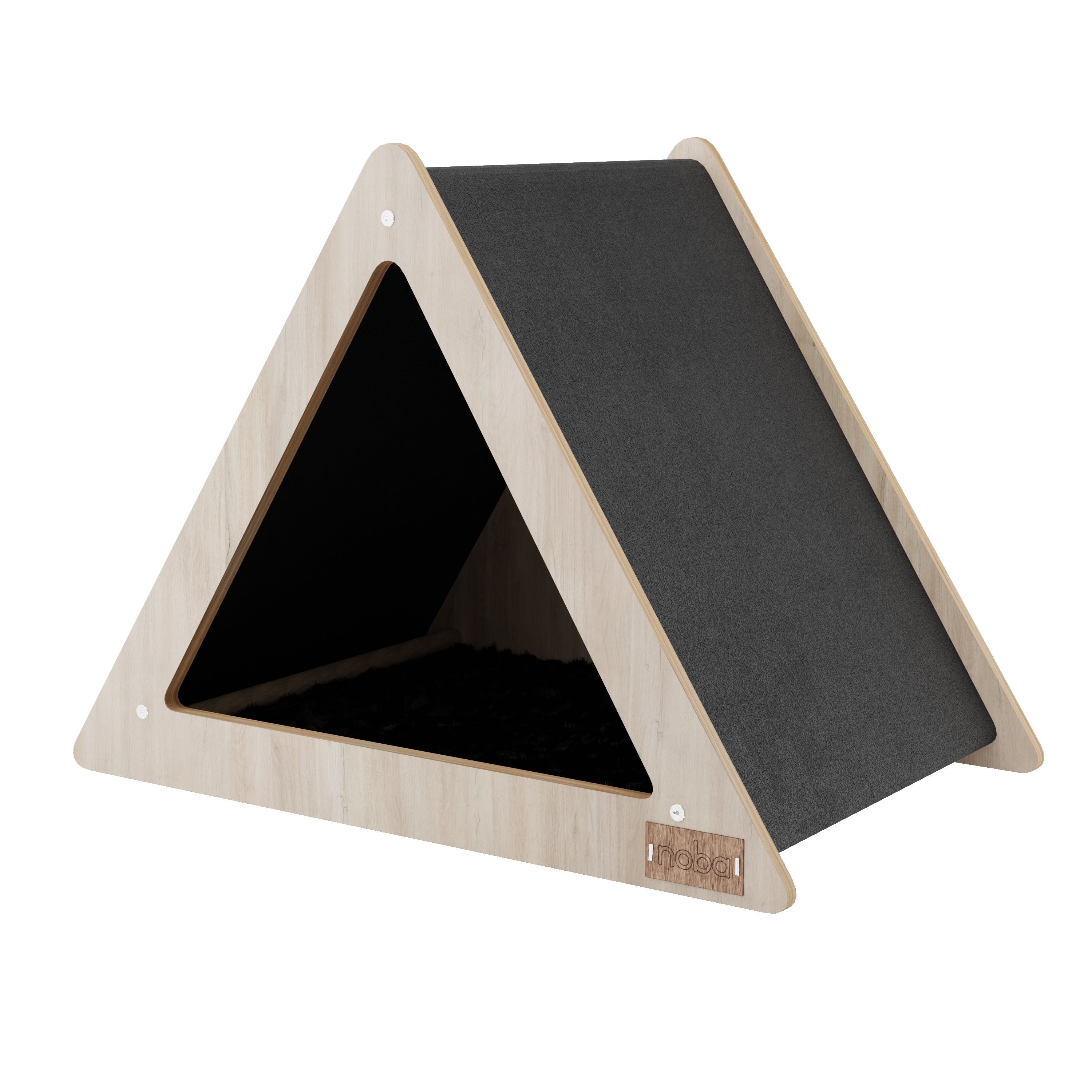 Triangular wooden slide with black surface on a white background