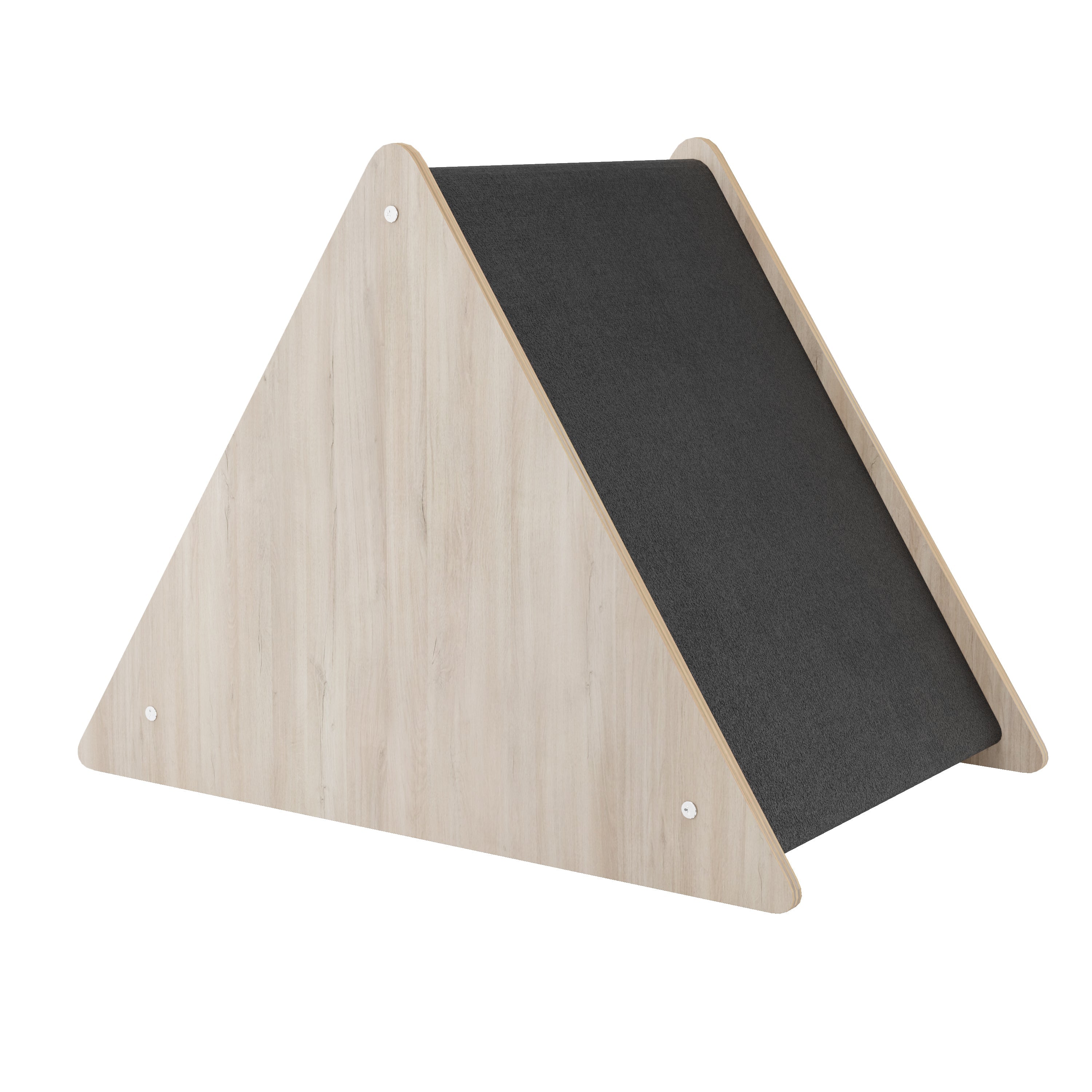 Triangular wooden ramp with black surface on a white background