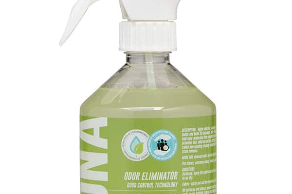 A bottle of LOUNA odor eliminator spray with a white trigger sprayer and a light green liquid inside, set against a plain white background.