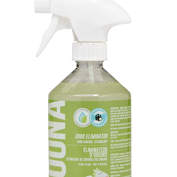 A bottle of LOUNA odor eliminator spray with a white trigger sprayer and a light green liquid inside, set against a plain white background.