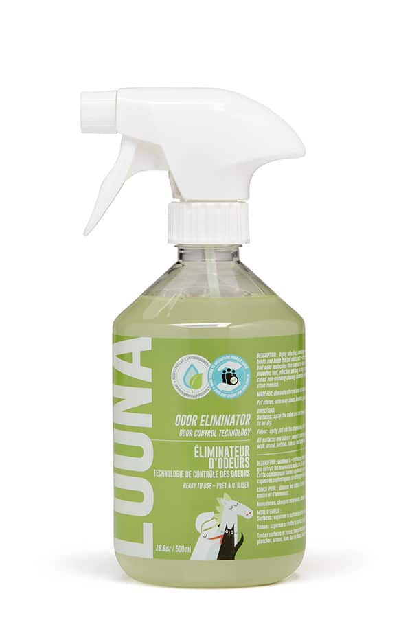 A bottle of LOUNA odor eliminator spray with a white trigger sprayer and a light green liquid inside, set against a plain white background.