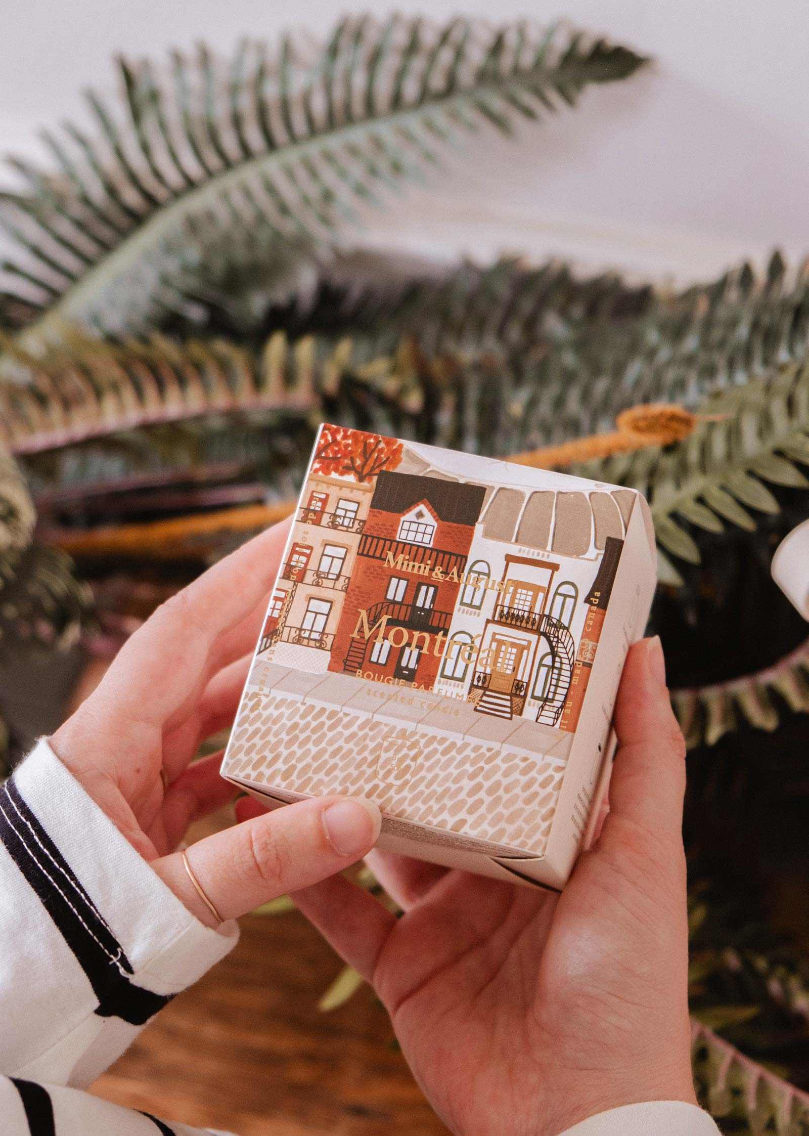 Hand holding a small box with a decorative design of houses, surrounded by green foliage.