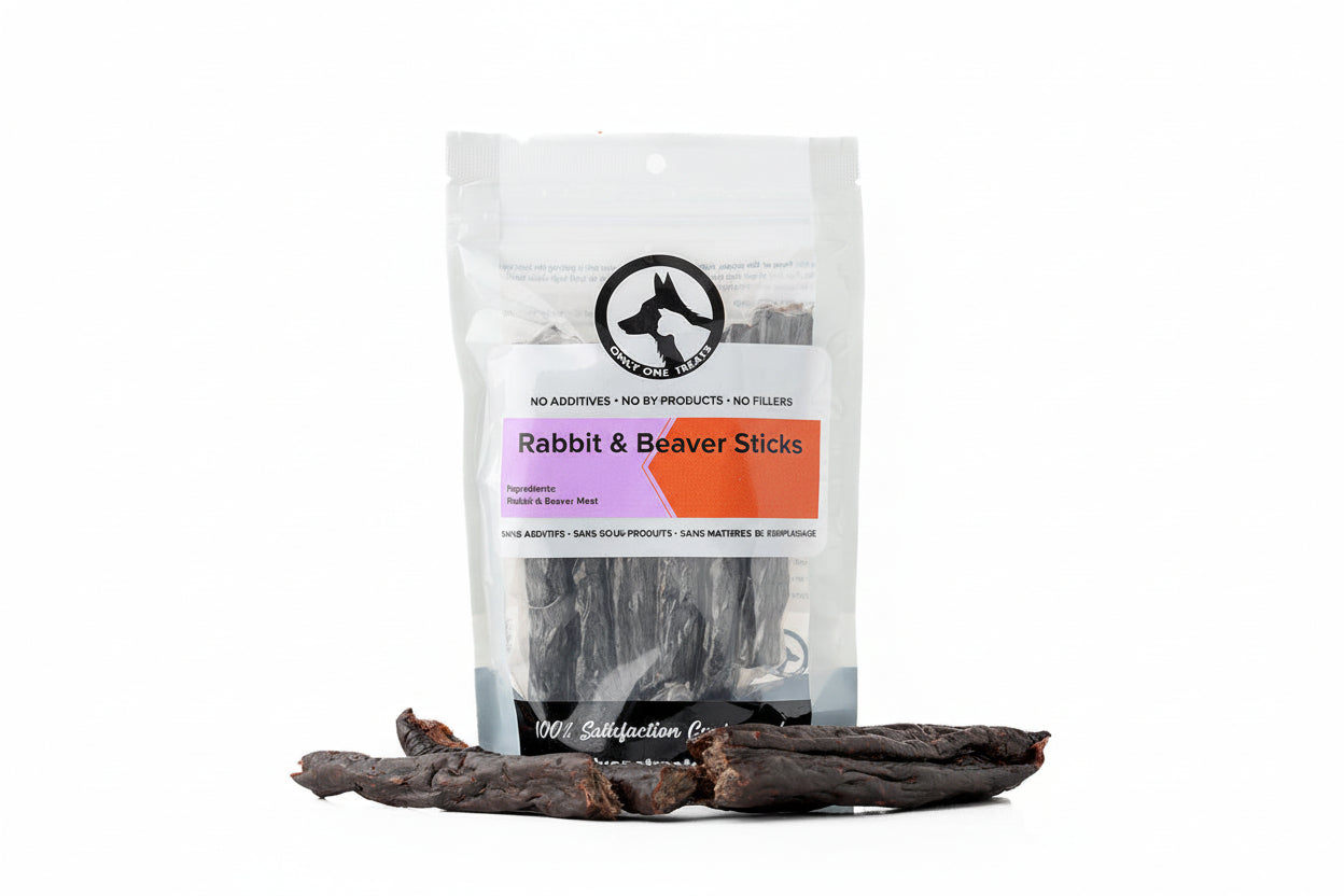 Package of Rabbit & Beaver Sticks with sticks in front on a white background