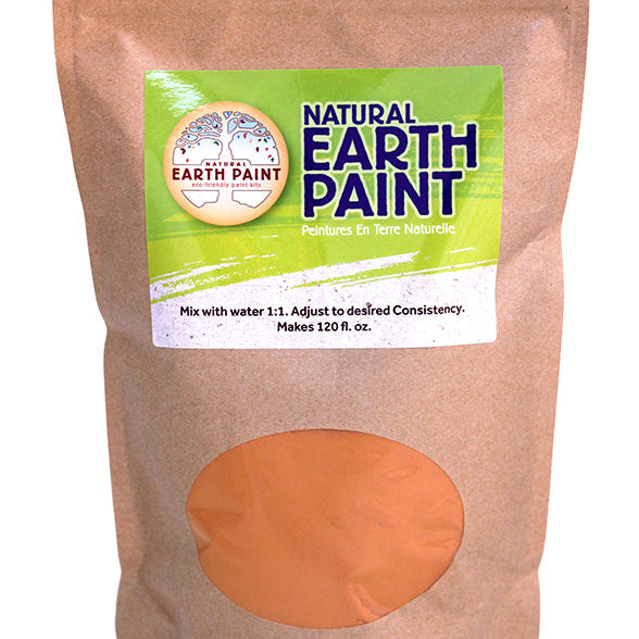 Bag of natural earth paint with a label on a white background