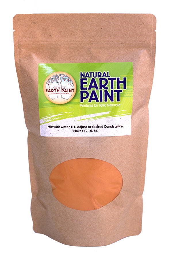 Bag of natural earth paint with a label on a white background