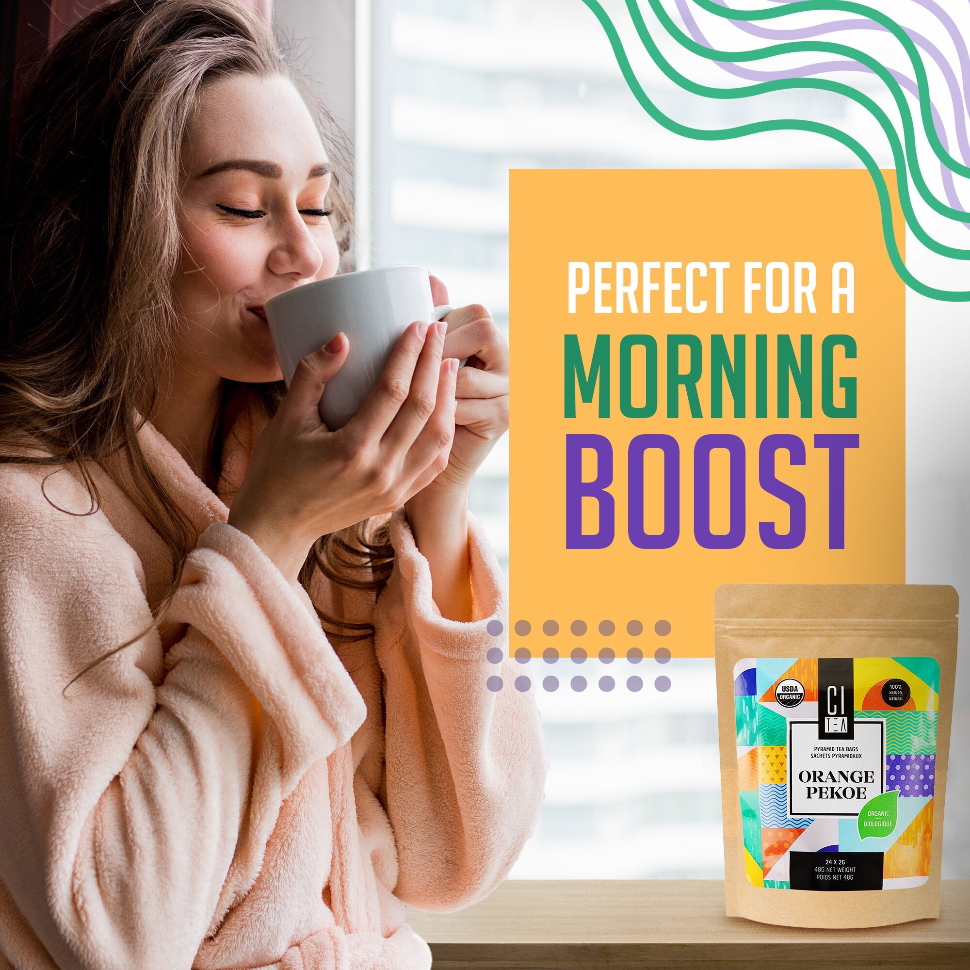Woman drinking from a mug with a 'Perfect for a Morning Boost' sign and a package of orange pekoe tea.