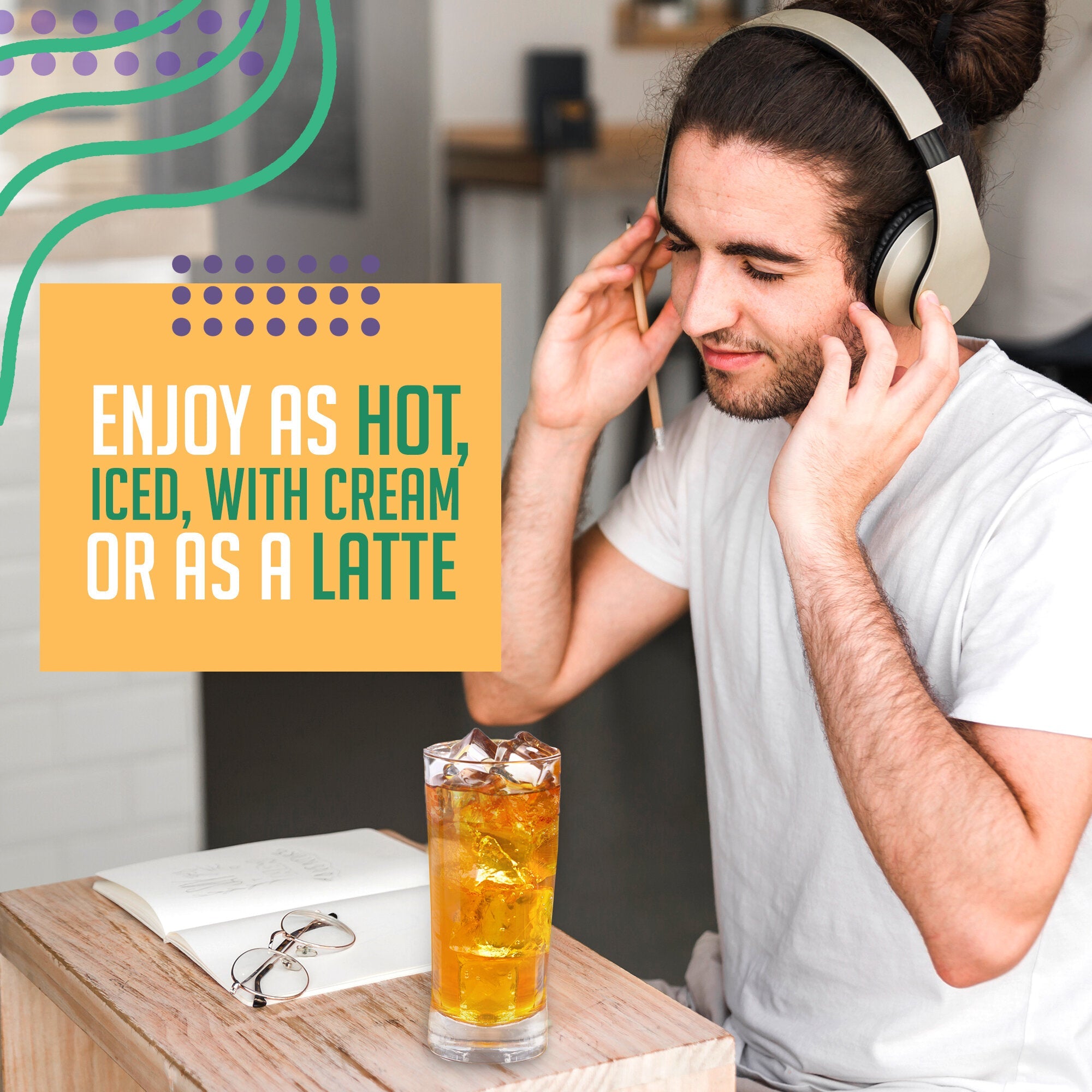Man wearing headphones with a drink on a table, text overlay about coffee.