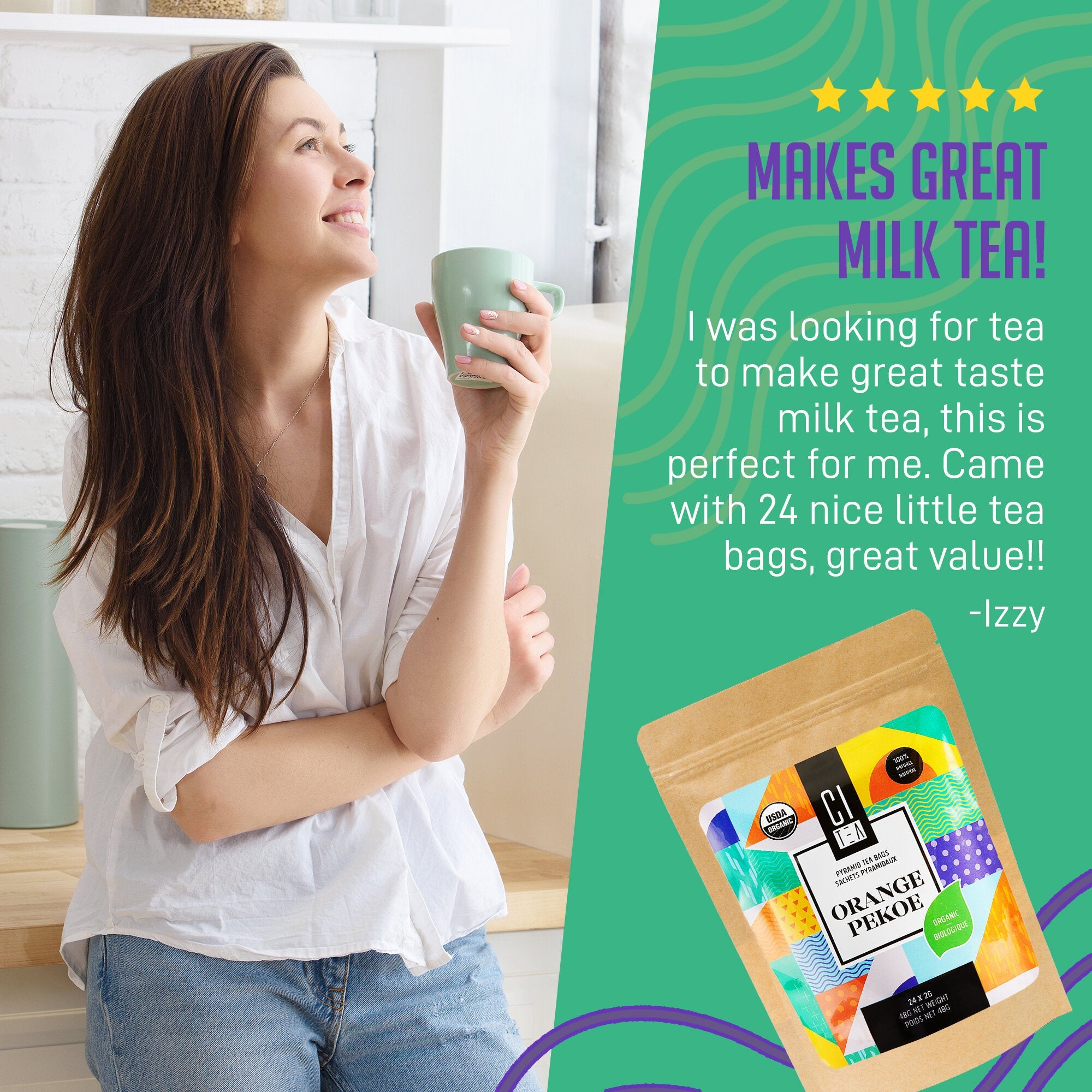 Woman holding a mug with tea packaging and text on a green background