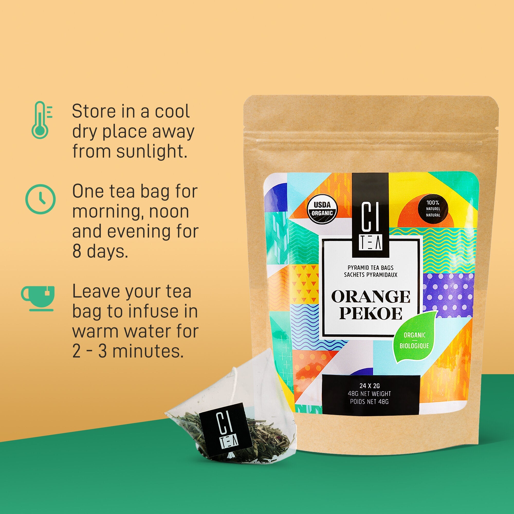 Citea Organic Orange Pekoe Loose Leaf Tea package with colorful design and text on a green and beige background