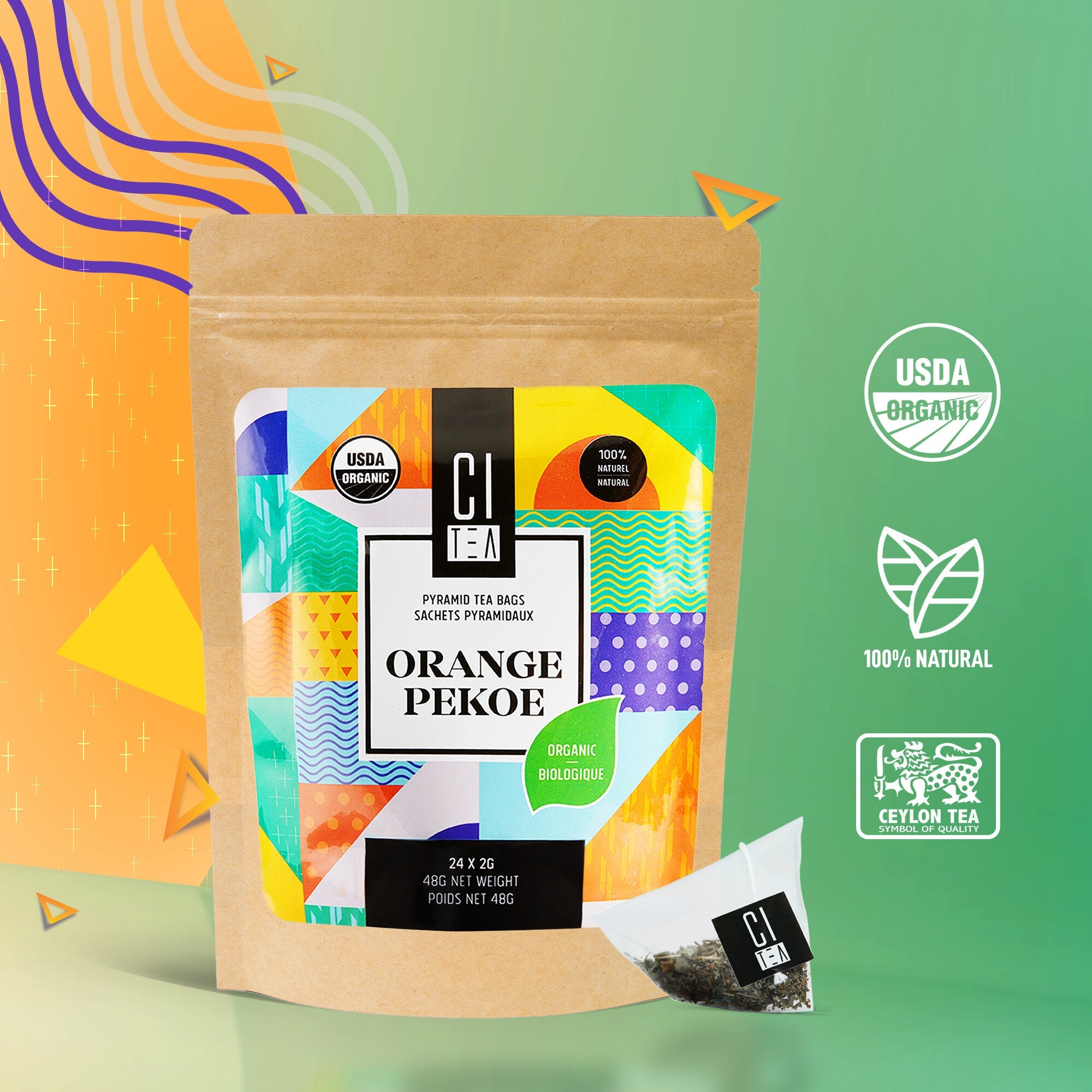 Tea package with colorful label on a green and orange abstract background