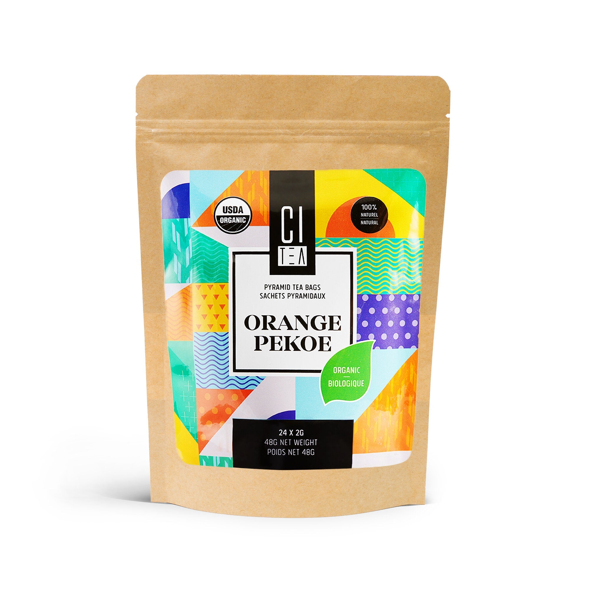 Citea Organic Orange Pekoe Loose Leaf Tea  package with colorful label on a white background