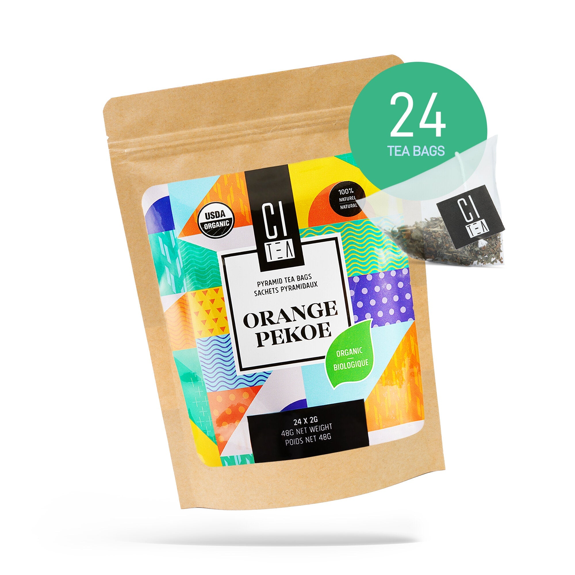 Citea Organic Orange Pekoe Loose Leaf Tea package with colorful label and '24 Tea Bags' text on a white background