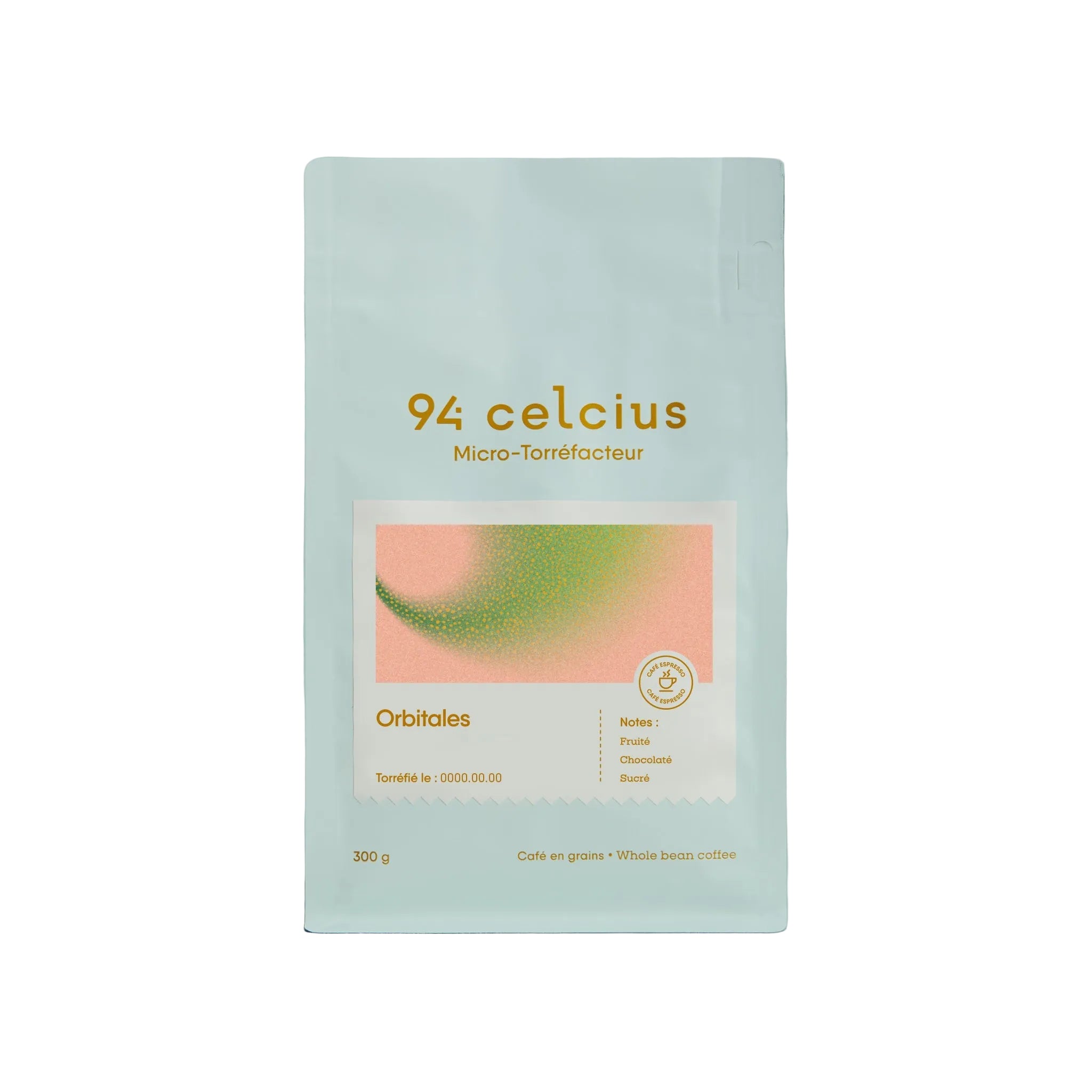 A 300g bag of 94 °Celsius Micro-Torrefacteur whole bean coffee, specifically the 'Orbitales' variety. The packaging is a light mint green stand-up pouch with gold typography and a central label featuring a pink and green gradient abstract design, set against a solid light blue-green background.