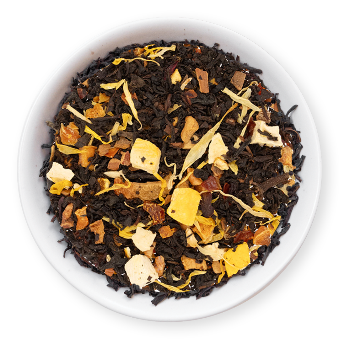 Tea leaves with visible herbs and flowers in a white bowl