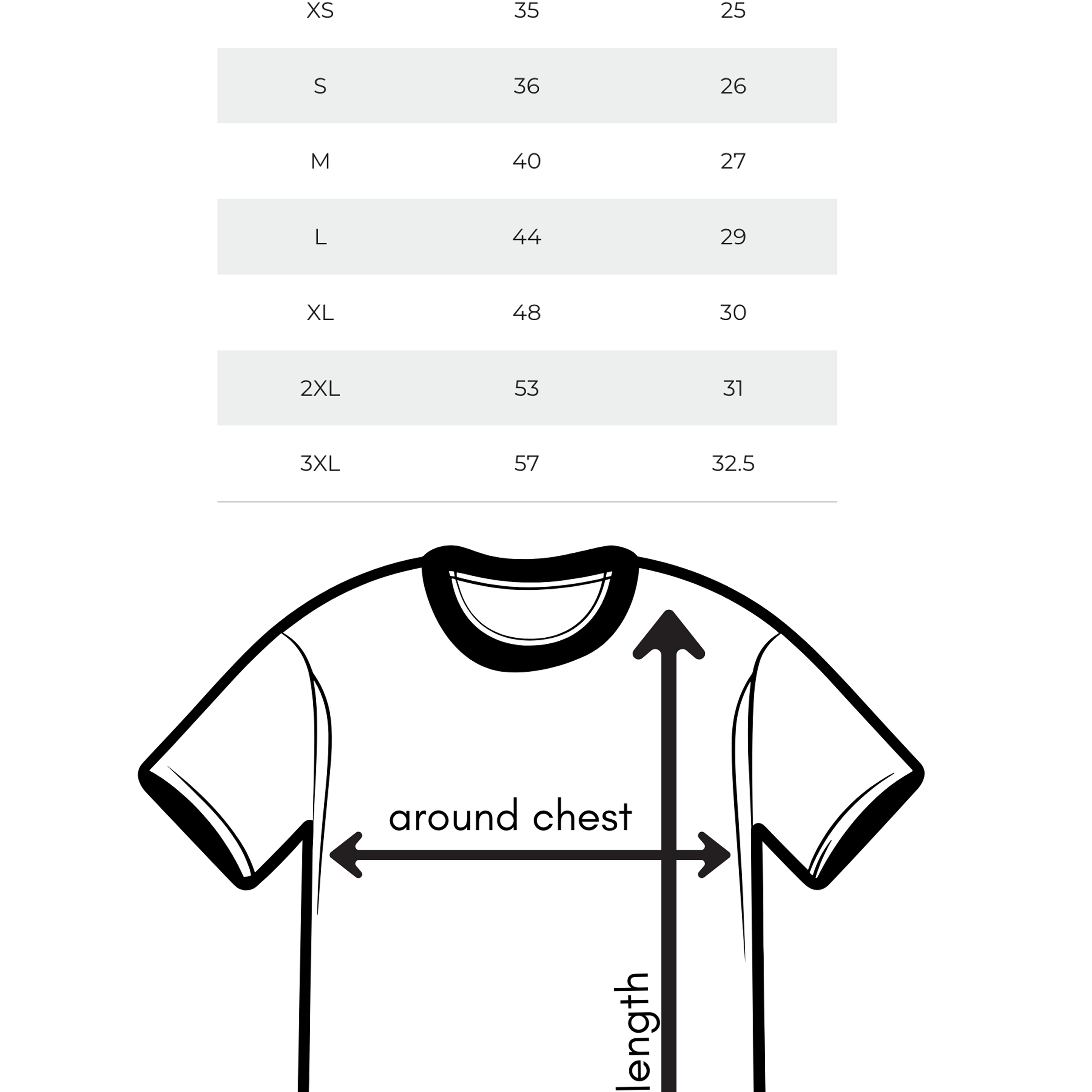T-shirt size chart with measurements in inches and centimeters