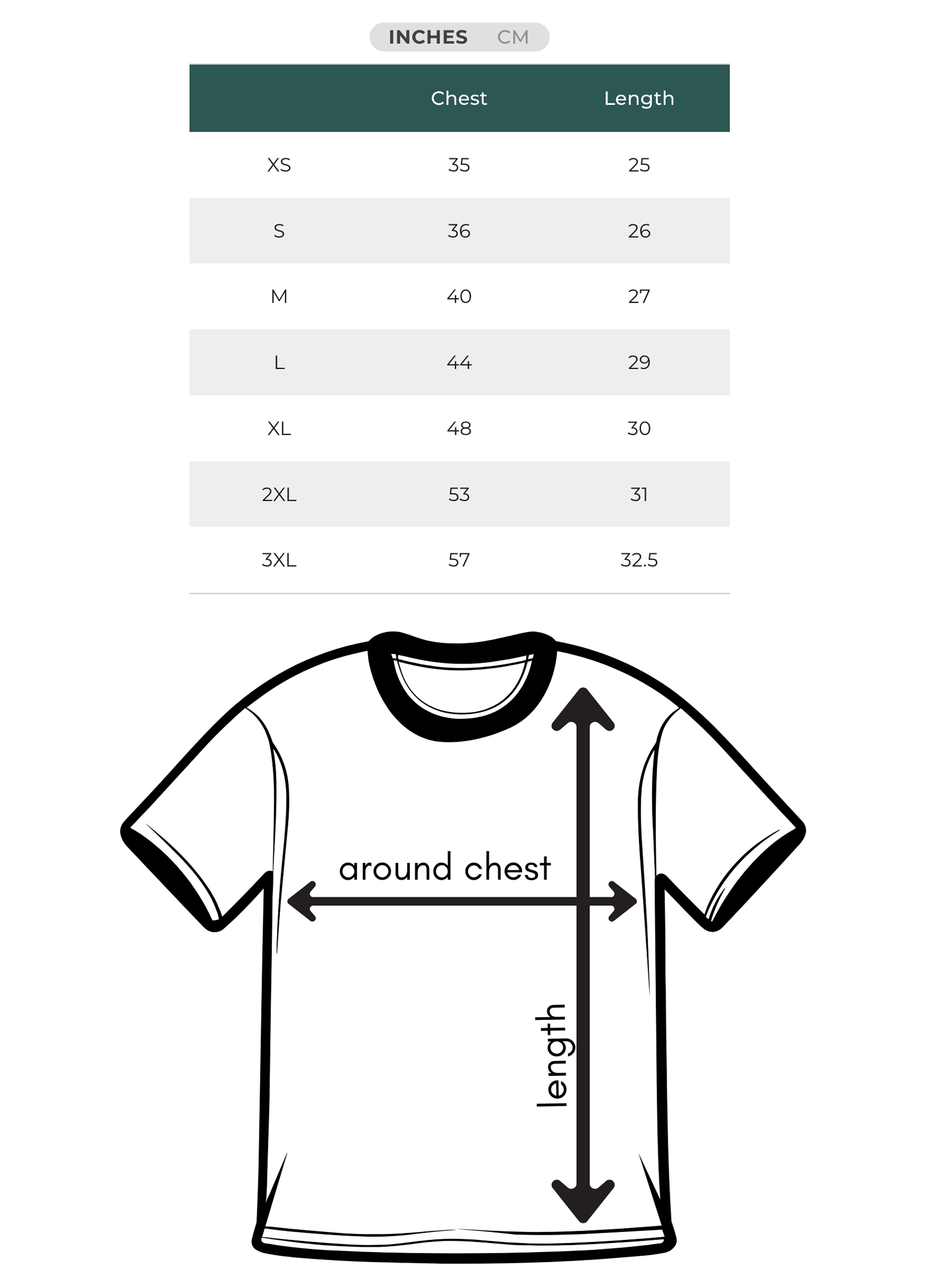 T-shirt size chart with measurements in inches and centimeters