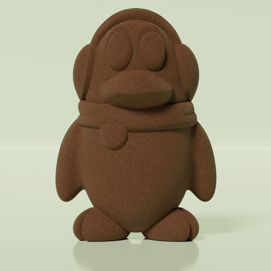 Brown penguin-shaped object on a light green background
